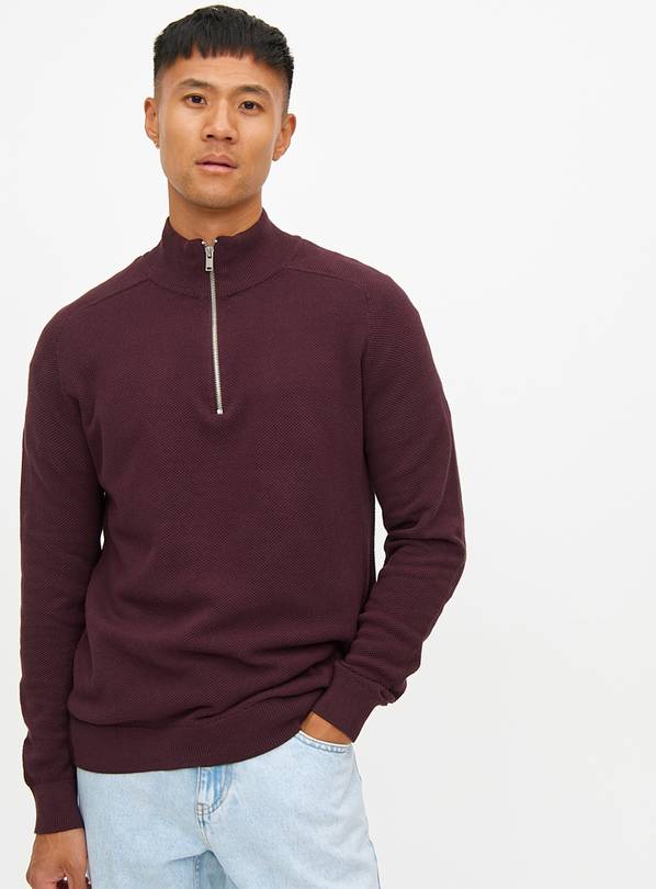 Dark Red Textured Quarter Zip Jumper XXXL
